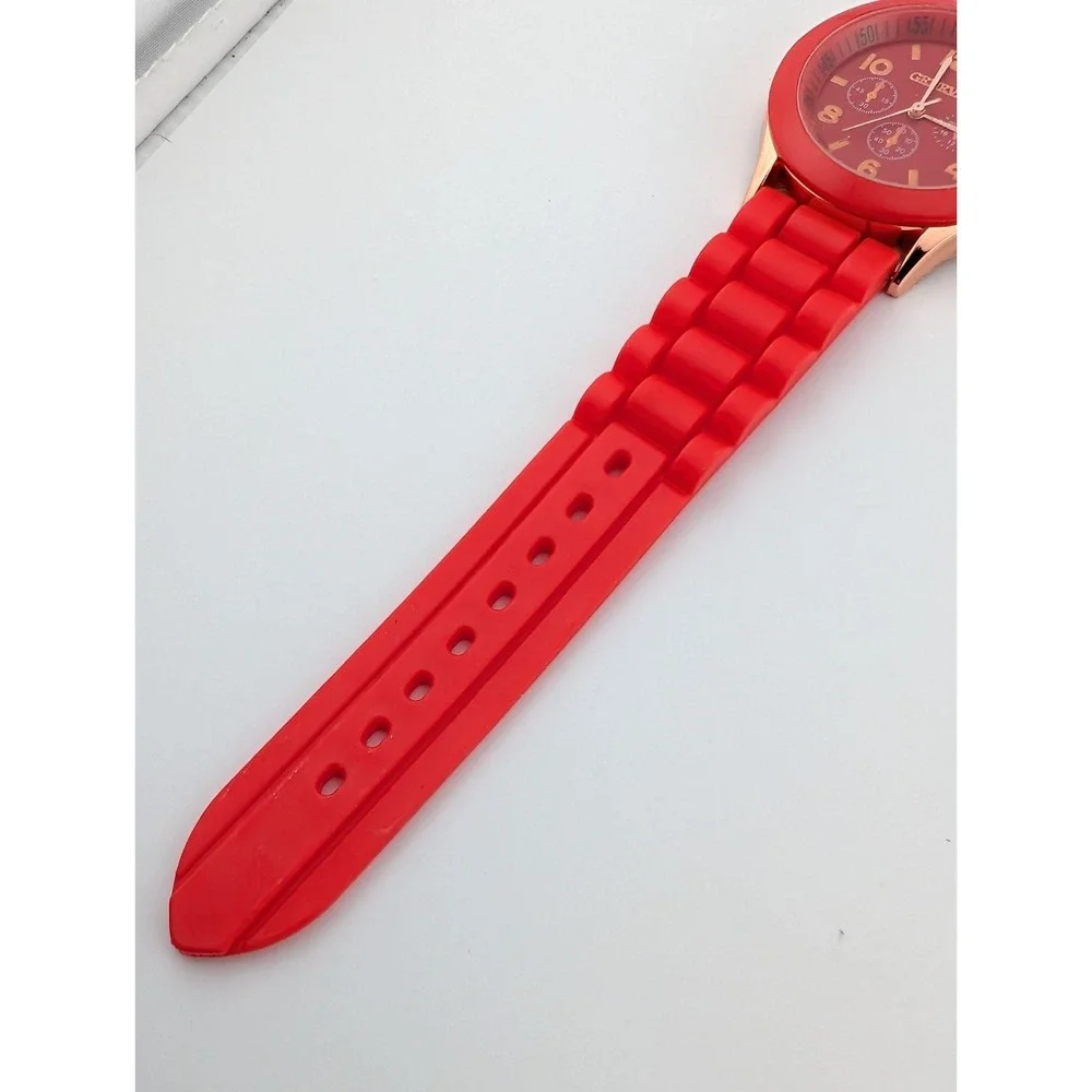 Geneva Watch Women 38mm Rose Gold‎ Case Red Silicone Band- New Battery